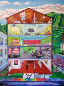 Artist rendition of Krip-Hop Institute with many colors and a lot of activity.