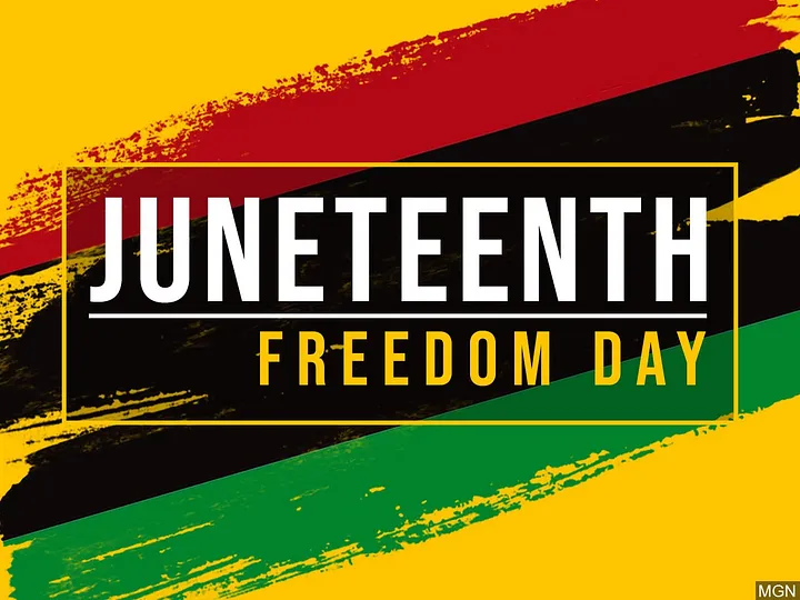 A colorful image with the wiords "Juneteenth: Freedom Day" with red, green, yellow, and black color stripes.
